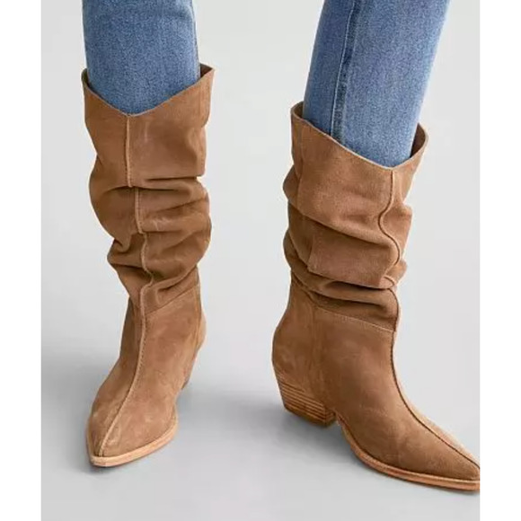 NEW FREE PEOPLE TAN SWAY LOW SLOUCH SUEDE LEATHER BOOTS SZ 36 US 5.5 6 - Picture 13 of 15